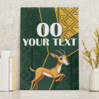 Canvas wall art with green geometric pattern, kente-style panel, springbok, and “00 YOUR TEXT”