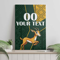 Canvas wall art with “00 YOUR TEXT” text over green geometric design and springbok illustration
