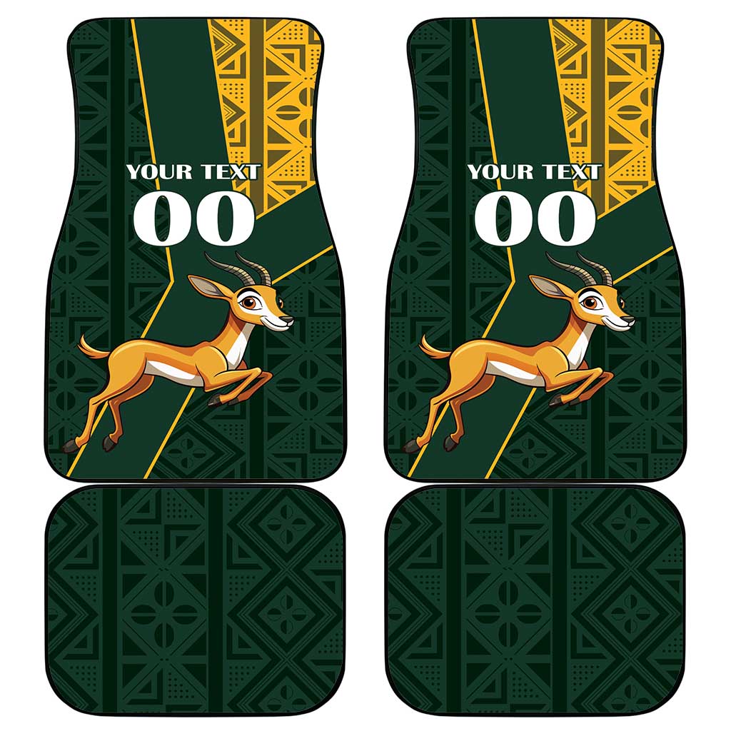 Custom car floor mats set with green pattern and jumping springbok, yellow Kente accents