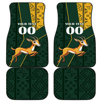 Custom car floor mats set with green pattern and jumping springbok, yellow Kente accents