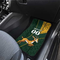 Custom car floor mat for rear seat with green pattern, jumping springbok, yellow Kente edge