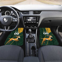 Custom car floor mats for front seats with green geometric pattern, springbok and Kente trim