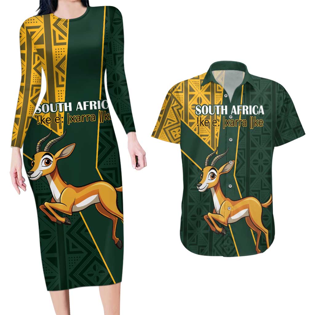 Custom South Africa Springbok Jumping Couples Matching Long Sleeve Bodycon Dress and Hawaiian Shirt With Kente Patterns - Wonder Print Shop