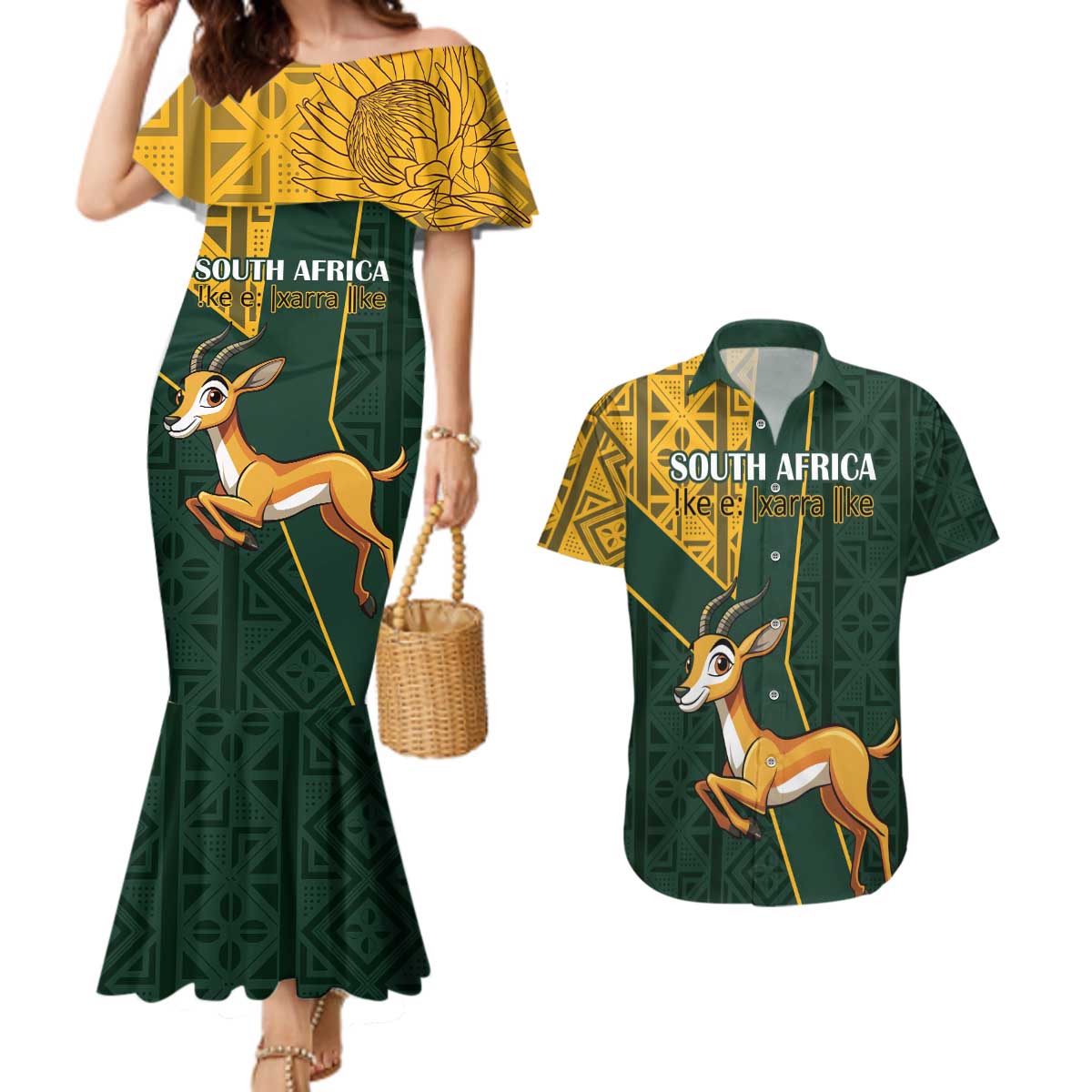 Custom South Africa Springbok Jumping Couples Matching Mermaid Dress and Hawaiian Shirt With Kente Patterns - Wonder Print Shop