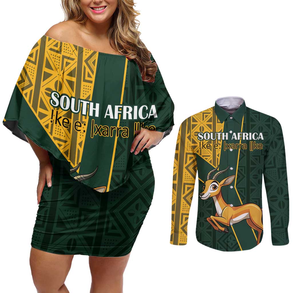 Custom South Africa Springbok Jumping Couples Matching Off Shoulder Short Dress and Long Sleeve Button Shirt With Kente Patterns - Wonder Print Shop