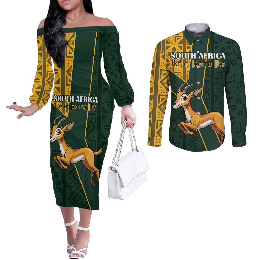 Custom South Africa Springbok Jumping Couples Matching Off The Shoulder Long Sleeve Dress and Long Sleeve Button Shirt With Kente Patterns