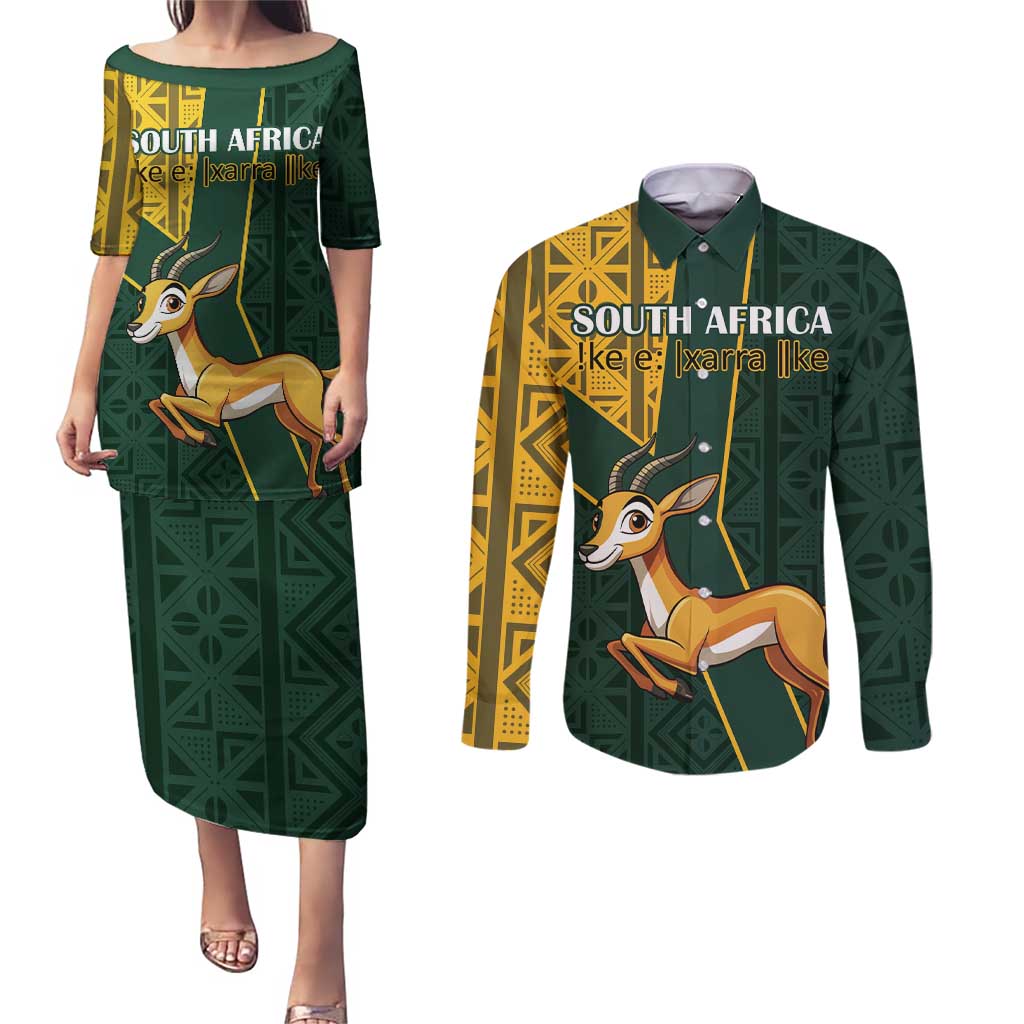 Custom South Africa Springbok Jumping Couples Matching Puletasi and Long Sleeve Button Shirt With Kente Patterns - Wonder Print Shop