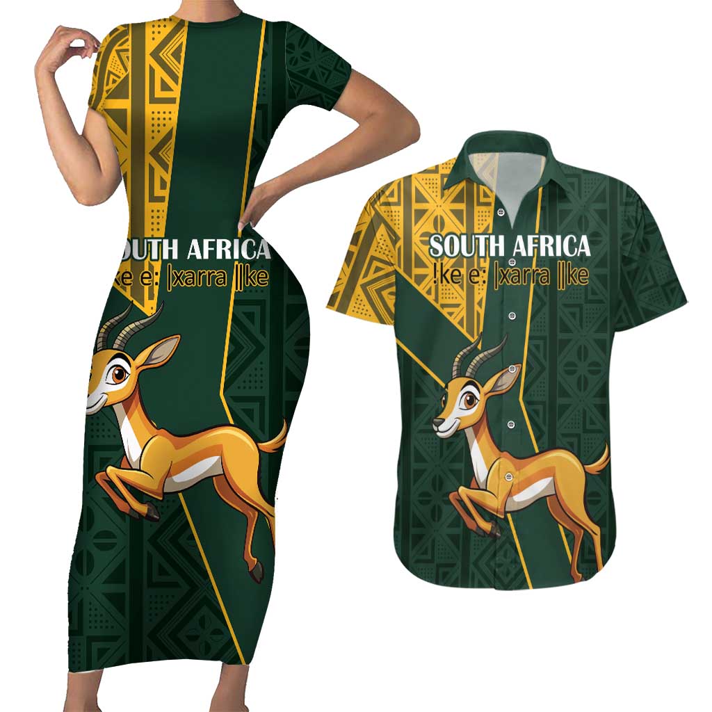 Custom South Africa Springbok Jumping Couples Matching Short Sleeve Bodycon Dress and Hawaiian Shirt With Kente Patterns - Wonder Print Shop