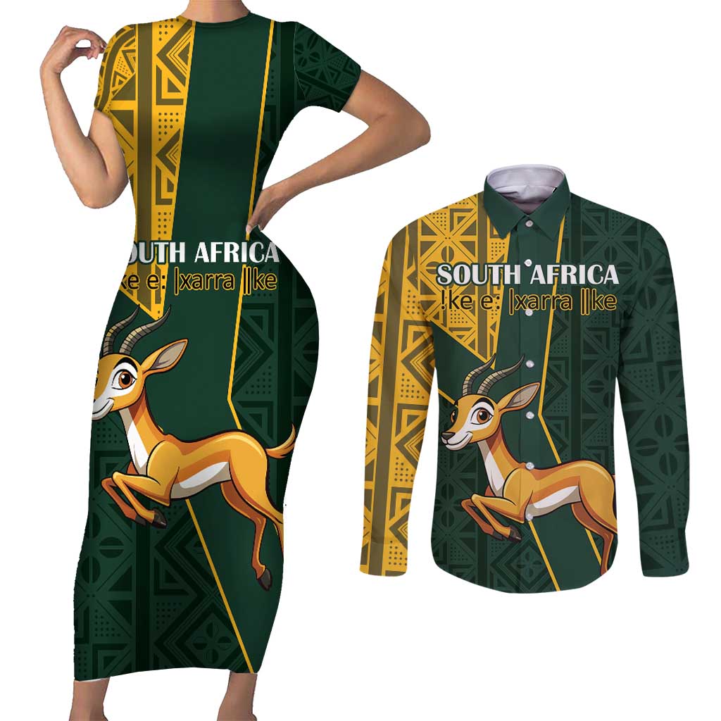 Custom South Africa Springbok Jumping Couples Matching Short Sleeve Bodycon Dress and Long Sleeve Button Shirt With Kente Patterns - Wonder Print Shop