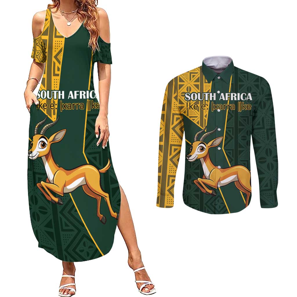 Custom South Africa Springbok Jumping Couples Matching Summer Maxi Dress and Long Sleeve Button Shirt With Kente Patterns - Wonder Print Shop