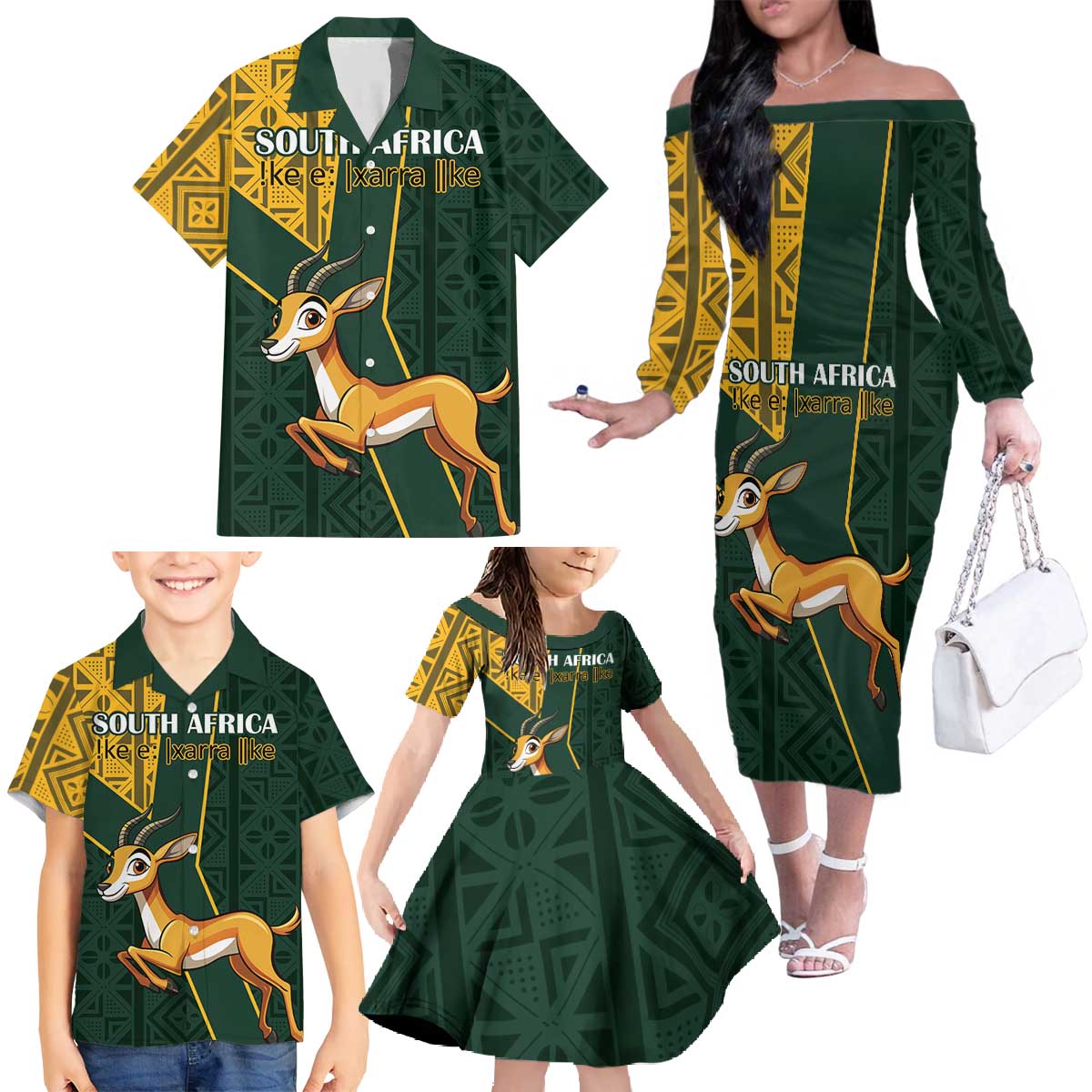 Custom South Africa Springbok Jumping Family Matching Off The Shoulder Long Sleeve Dress and Hawaiian Shirt With Kente Patterns - Wonder Print Shop