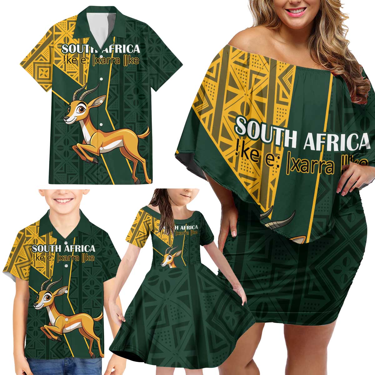 Custom South Africa Springbok Jumping Family Matching Off Shoulder Short Dress and Hawaiian Shirt With Kente Patterns - Wonder Print Shop