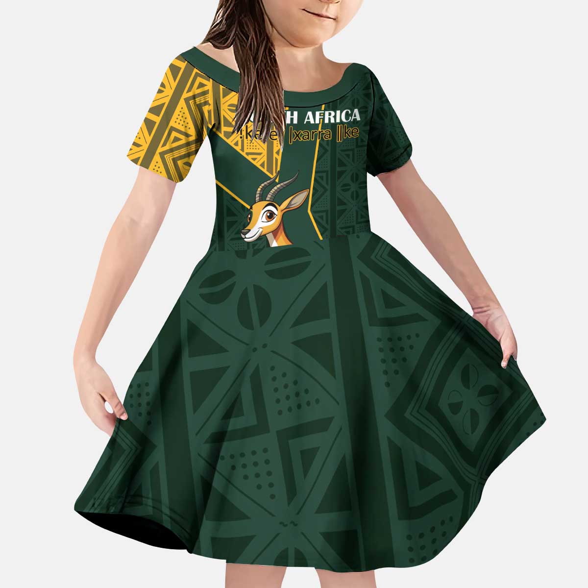 Custom South Africa Springbok Jumping Kid Short Sleeve Dress With Kente Patterns - Wonder Print Shop