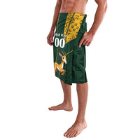 Green lavalava with gold kente strip and springbok graphic, side view
