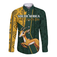Green long-sleeve button shirt with springbok, South Africa text, yellow kente panels