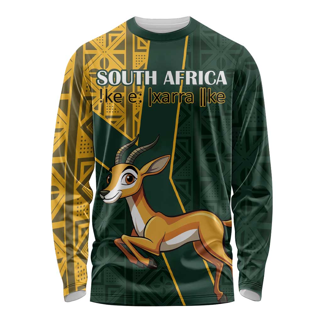 Green long-sleeve shirt with yellow kente patterns and jumping springbok graphic