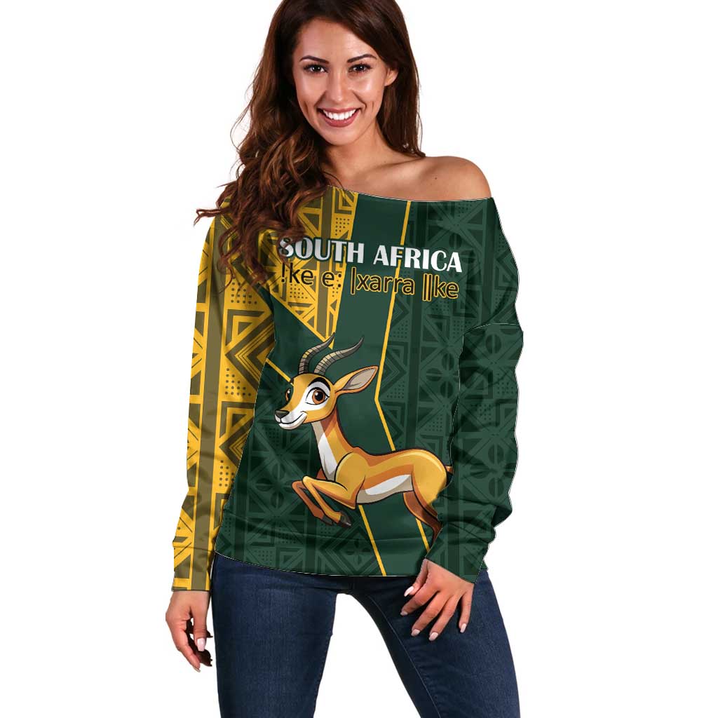 Custom South Africa Springbok Jumping Off Shoulder Sweater With Kente Patterns - Wonder Print Shop