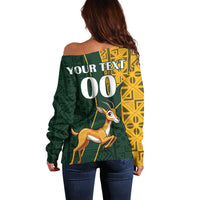 Women’s off-shoulder sweater back, dark green and yellow kente with YOUR TEXT and 00