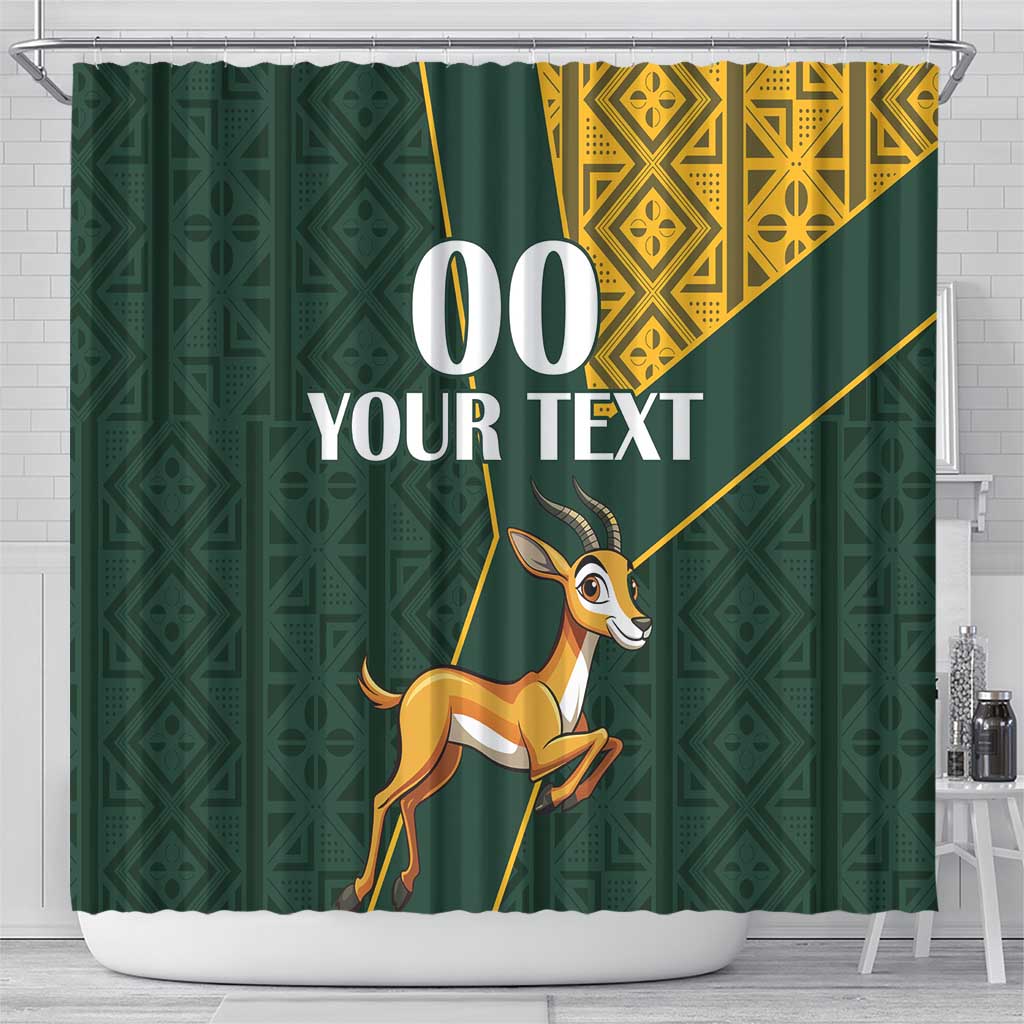 Green shower curtain with Kente-style patterns, springbok graphic and custom text 00 YOUR TEXT