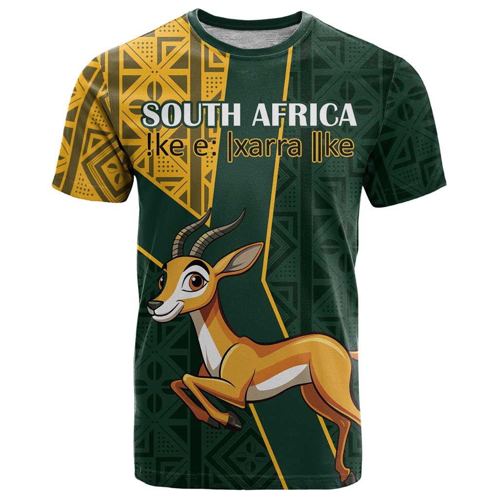 Custom South Africa Springbok Jumping T Shirt With Kente Patterns