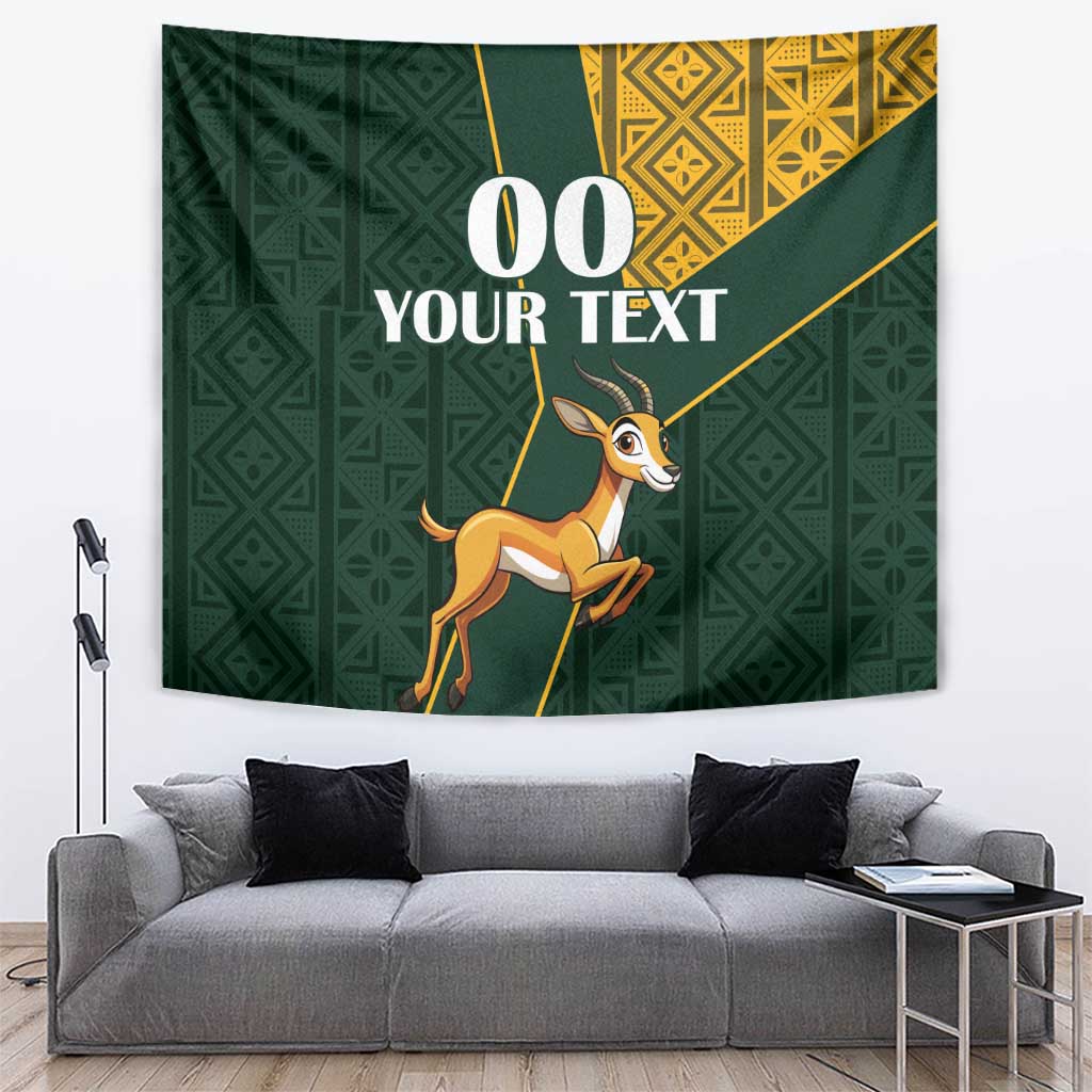Green springbok tapestry wall hanging with gold geometric kente patterns and custom text area