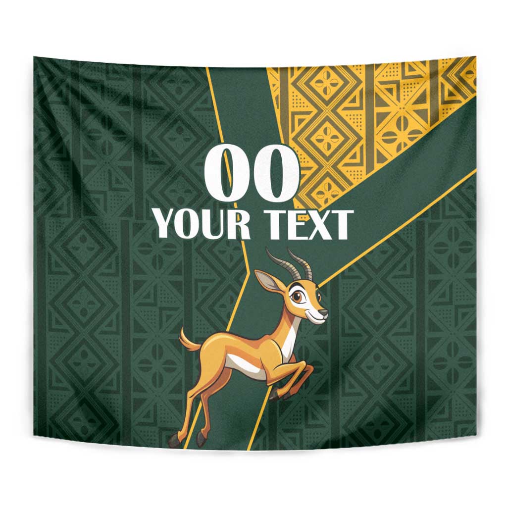 Green springbok wall tapestry with gold kente geometric corner and custom text