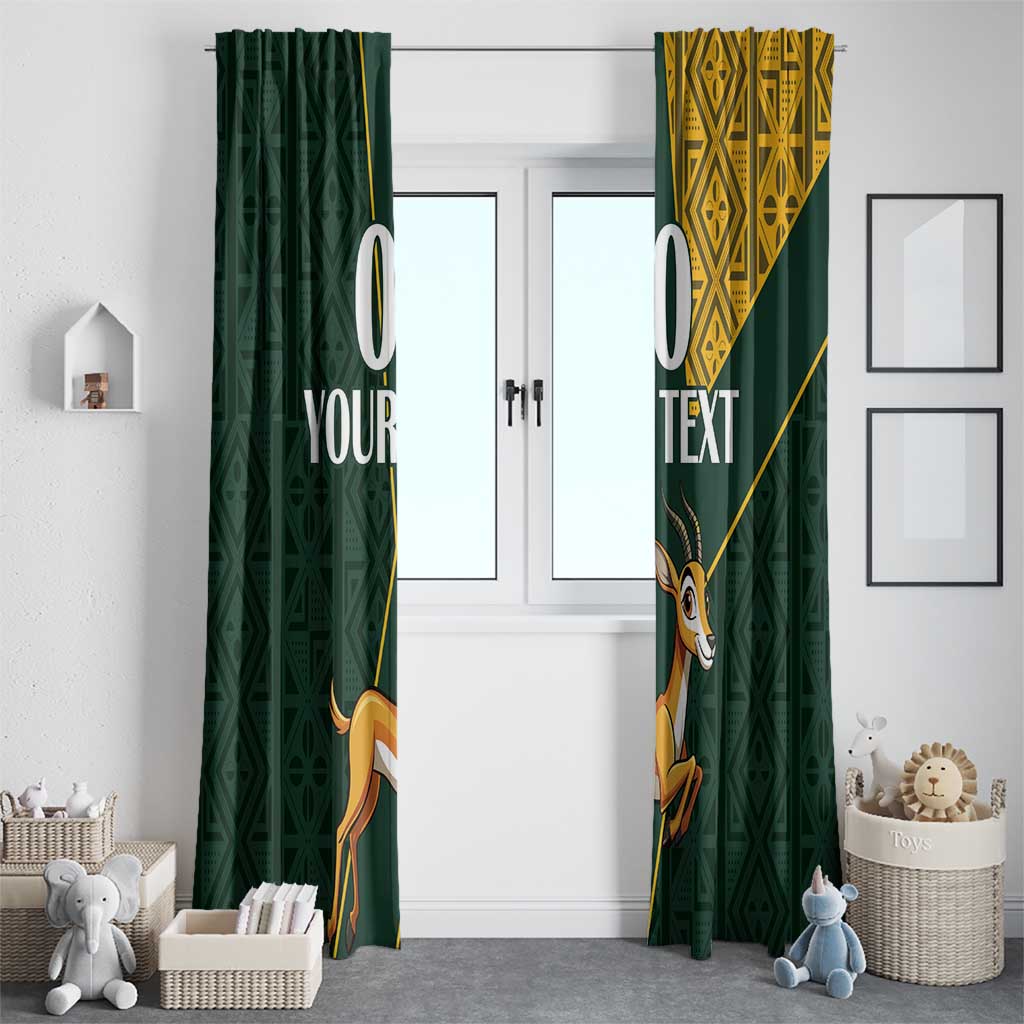 Green curtain set for window with springbok design, yellow pattern panels, custom text