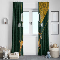 Green curtain set for window with springbok design, yellow pattern panels, custom text