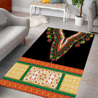 Black area rug with colorful floral embroidery and geometric border pattern