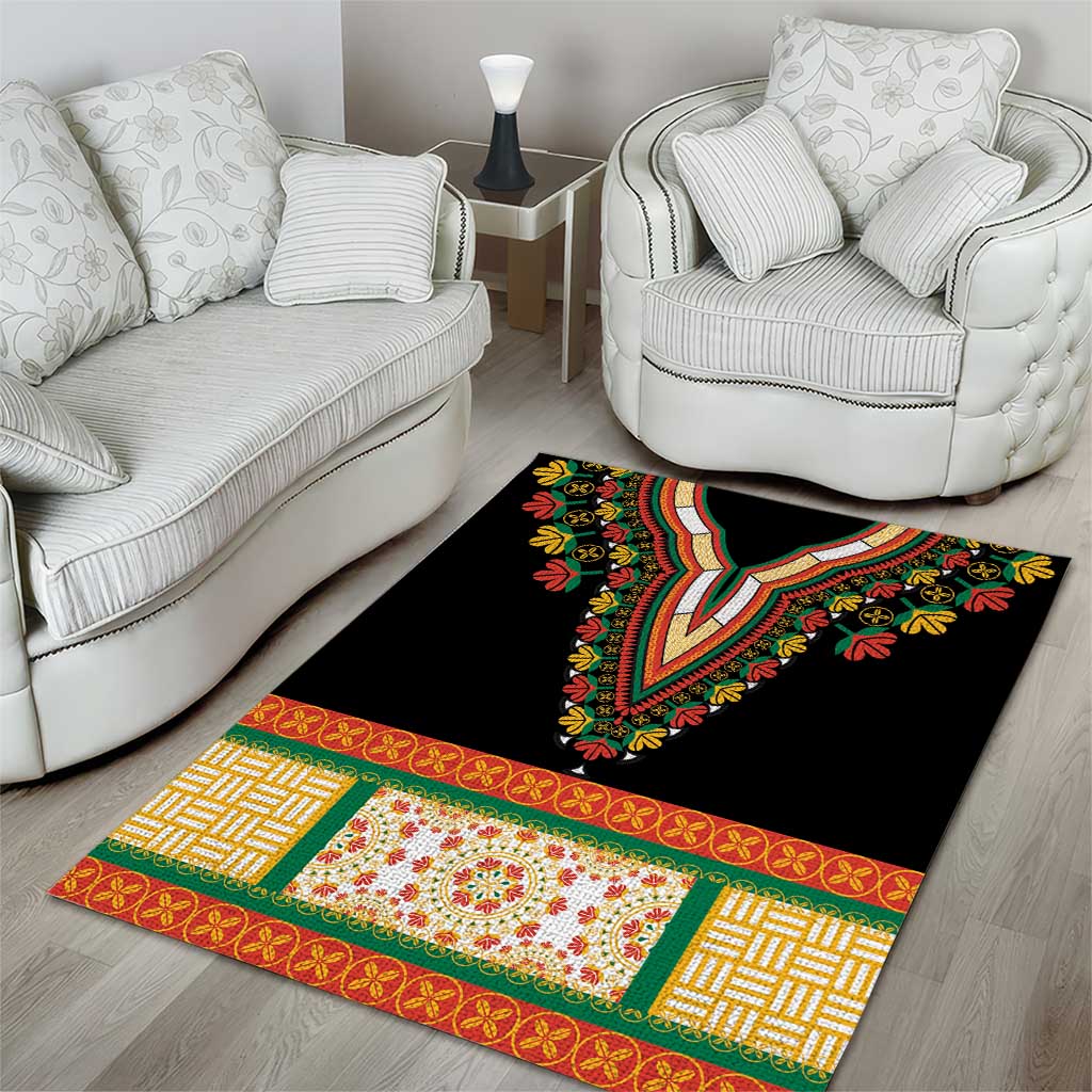 Black floral patterned area rug with multicolor geometric and vine trim