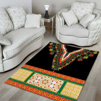 Black floral patterned area rug with multicolor geometric and vine trim