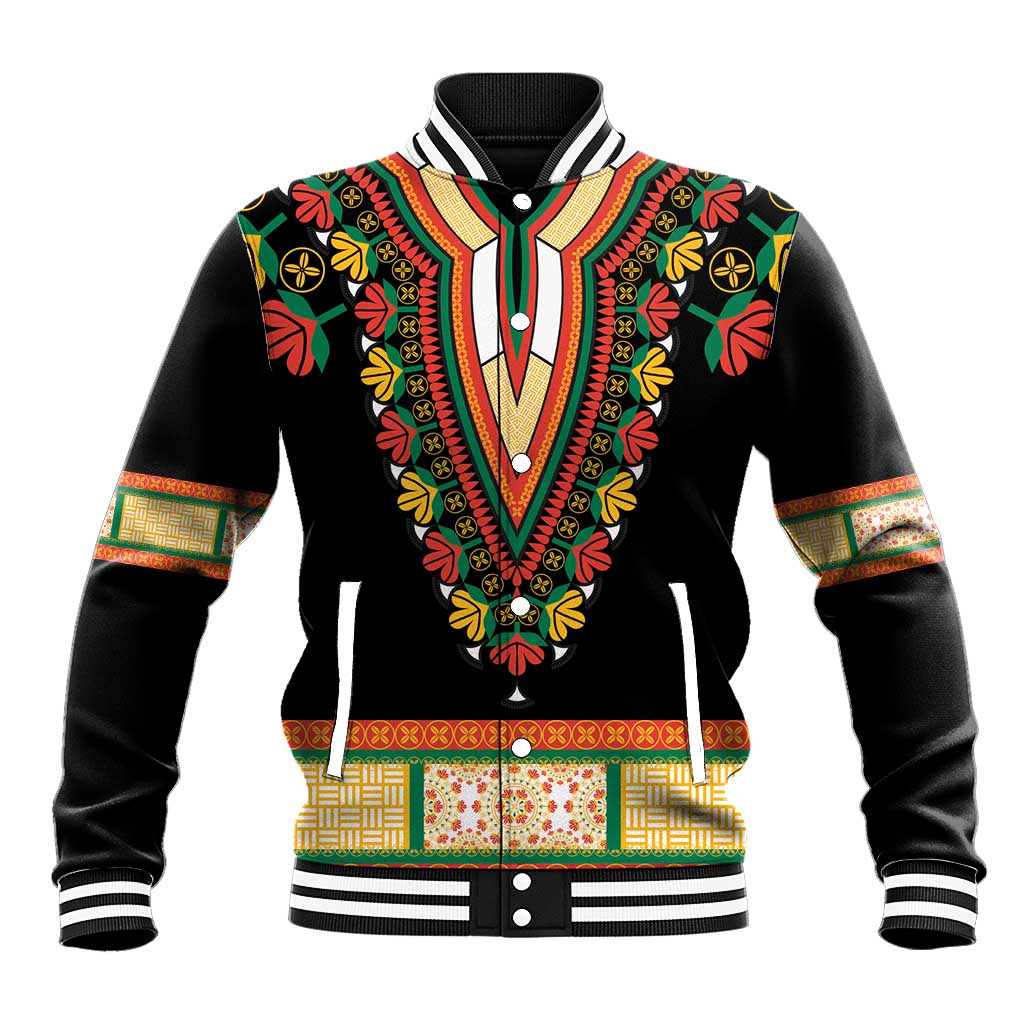Black baseball jacket with colorful floral dashiki embroidery, V-neck front, striped rib trim
