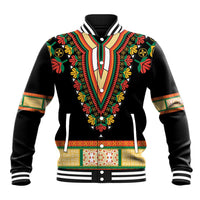 Black baseball jacket with colorful floral dashiki embroidery, V-neck front, striped rib trim