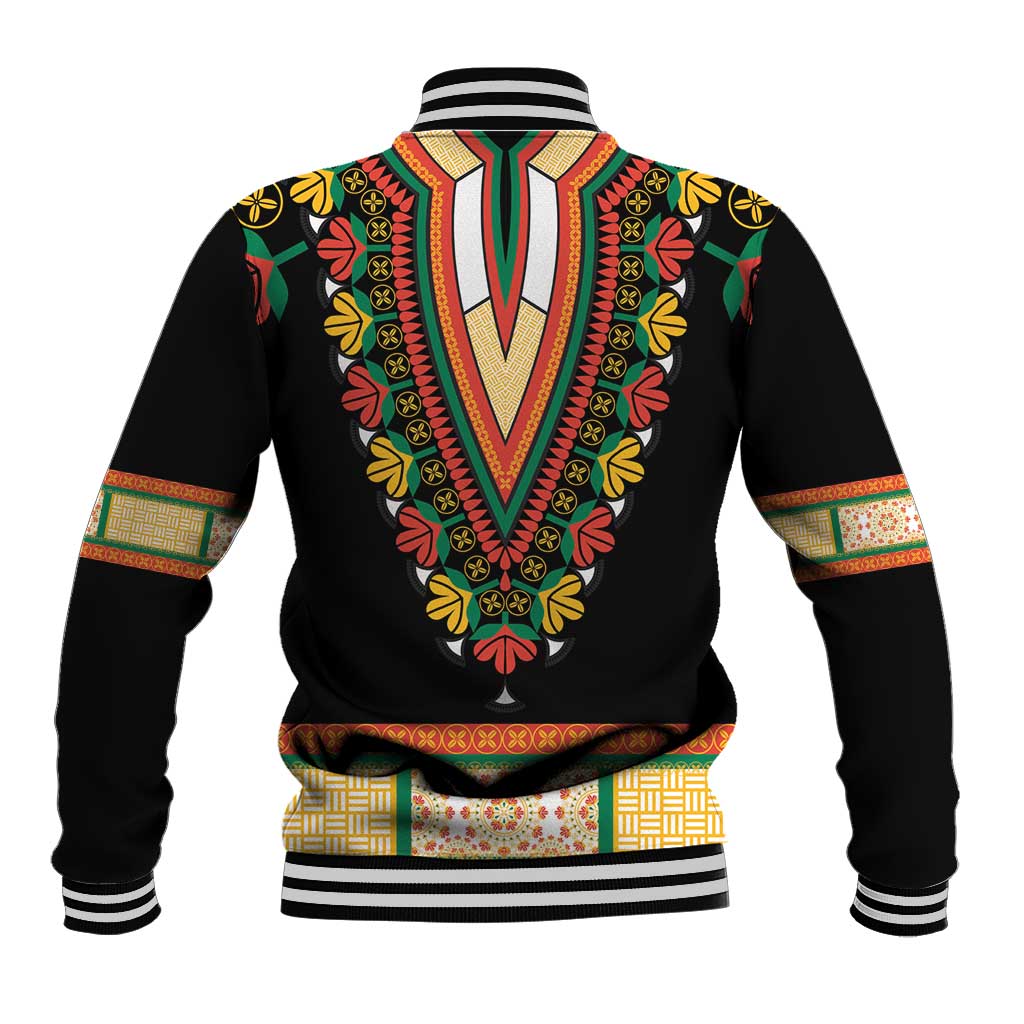 Black baseball jacket back with ornate floral dashiki embroidery panel and striped ribbed hem