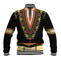 Black baseball jacket back with ornate floral dashiki embroidery panel and striped ribbed hem