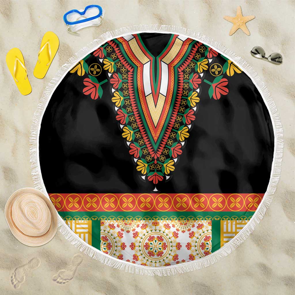Round black beach blanket with colorful V-embroidered floral trim and white fringe edge