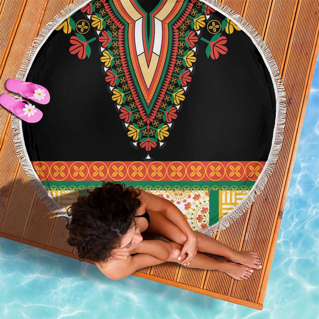 Round black beach blanket with V-shaped floral embroidery, multi-color border, and white fringe
