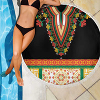 Round black beach blanket with V-shaped floral embroidery, multi-color band, and white fringe