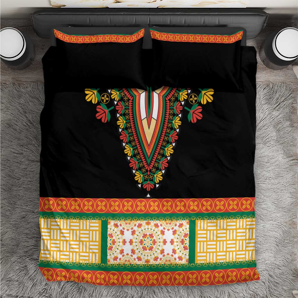 Black bedding set with dashiki V embroidery, floral motifs, and green-yellow border panel