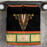 Black bedding set with dashiki V embroidery, floral motifs, and green-yellow border panel