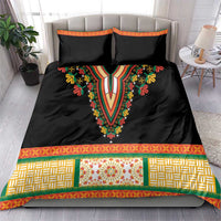 Black dashiki bedding set with multicolor V embroidery, floral trim, and patterned border