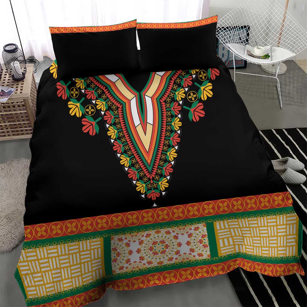 Black dashiki bedding set with colorful floral and V-shaped embroidered neckline design