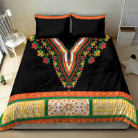 Black bedding set with dashiki V embroidery and multicolor floral, geometric border accents