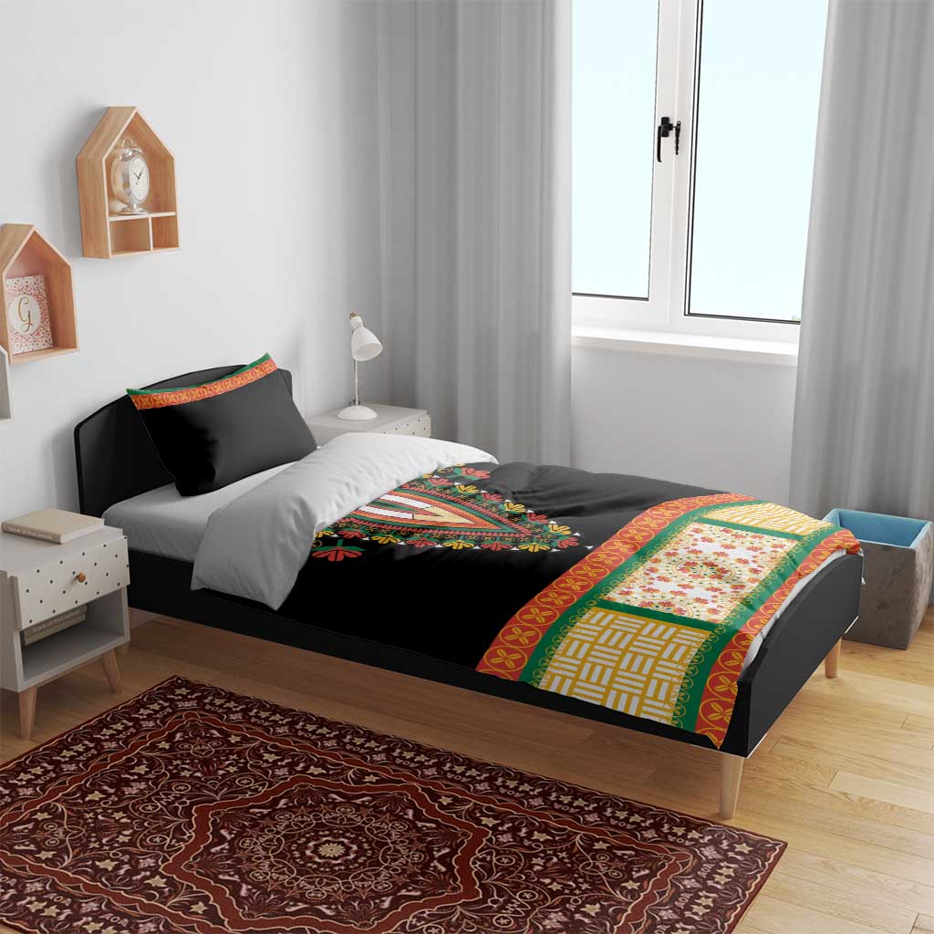 Black dashiki bedding set on bed with multicolor V embroidery and geometric border stripe