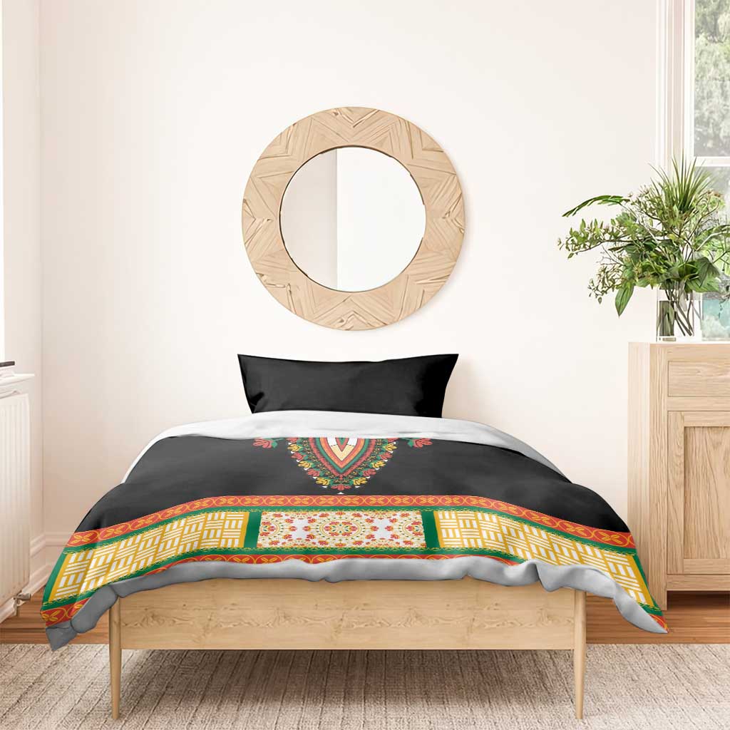 Black dashiki bedding set with multicolor V embroidery, floral trim, and green border stripe