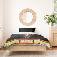 Black dashiki bedding set with multicolor V embroidery, floral trim, and green border stripe