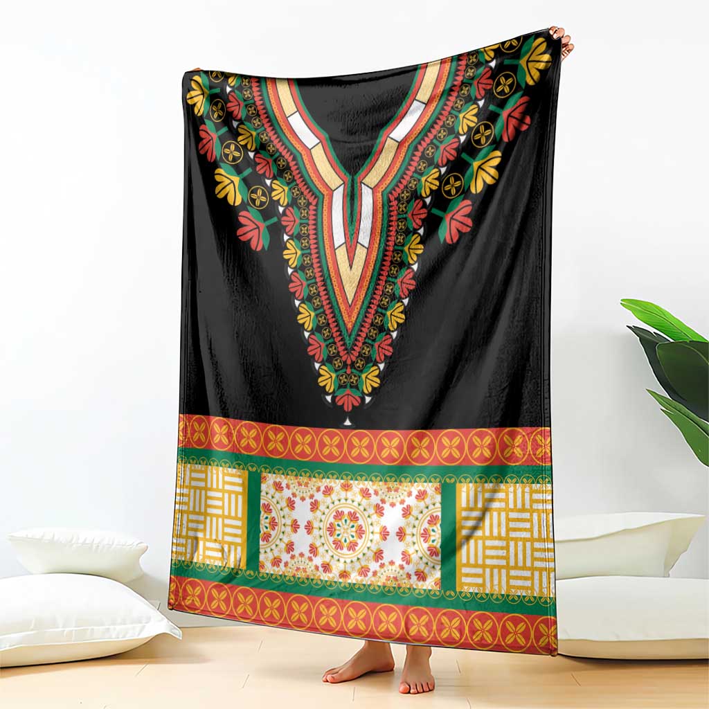 Black dashiki V-neck embroidered blanket with floral accents and red-green-gold border