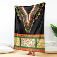 Black dashiki V-neck embroidered blanket with floral accents and red-green-gold border