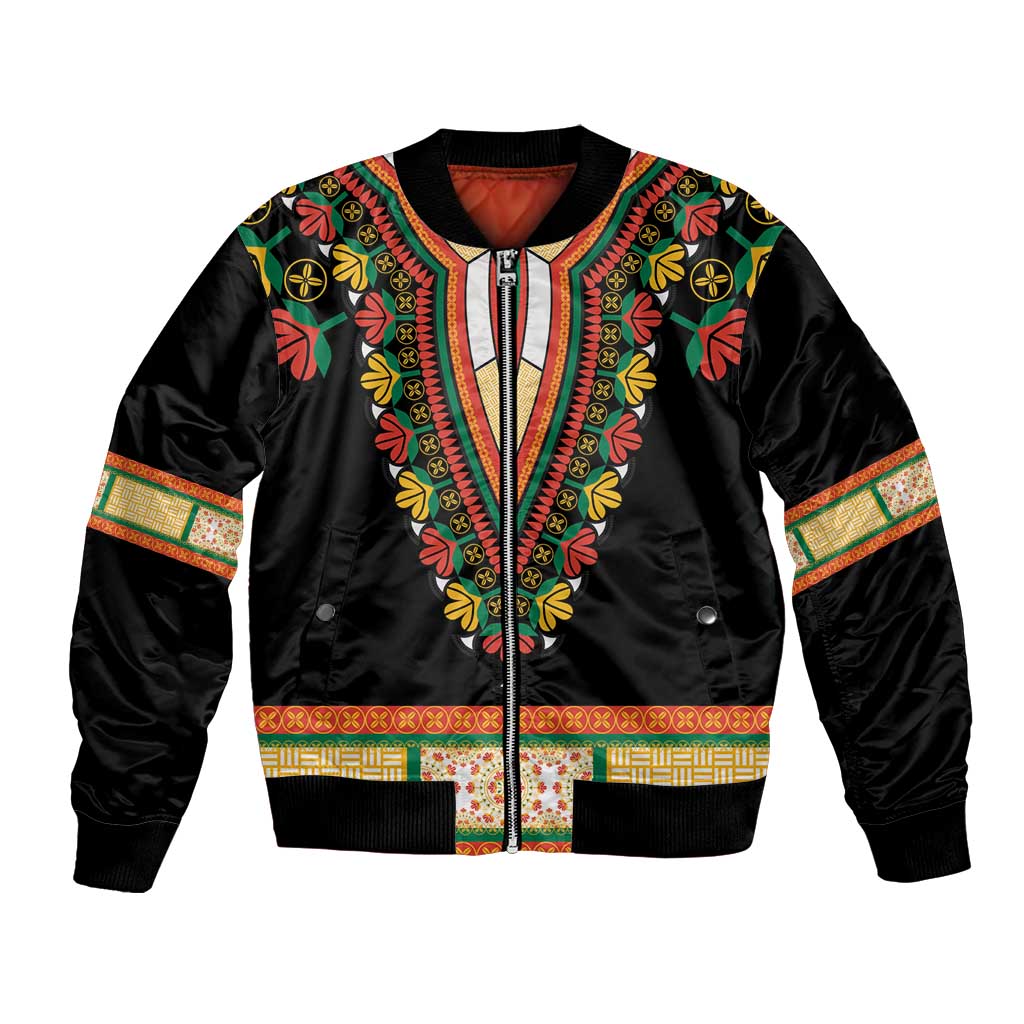 Black bomber jacket with embroidered floral V-neck, colorful trim, ribbed cuffs and hem