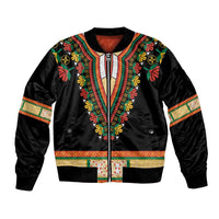 Black bomber jacket with embroidered floral V-neck, colorful trim, ribbed cuffs and hem